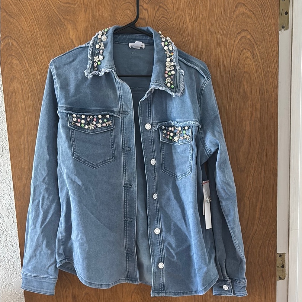 Embellished Denim Jacket with Pearl Accents